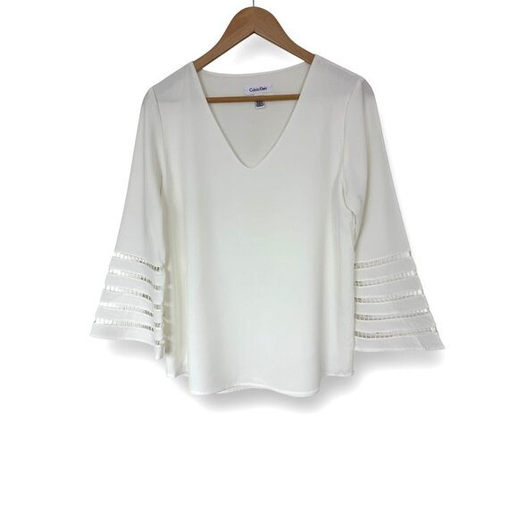 Size Small CALVIN KLEIN WHITE BELL SLEEVE LINED BLOUSE Top Shirt Spring Summer - Picture 2 of 7